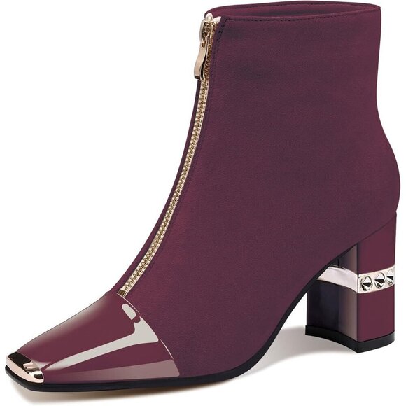 Ankle Booties Block Heeled Burgandy Suede Short Boots Front Zipper Boots - Picture 1 of 6